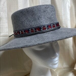 World Market Gray 100% Wool Wide-Brim Hat with Red and Navy Trim
